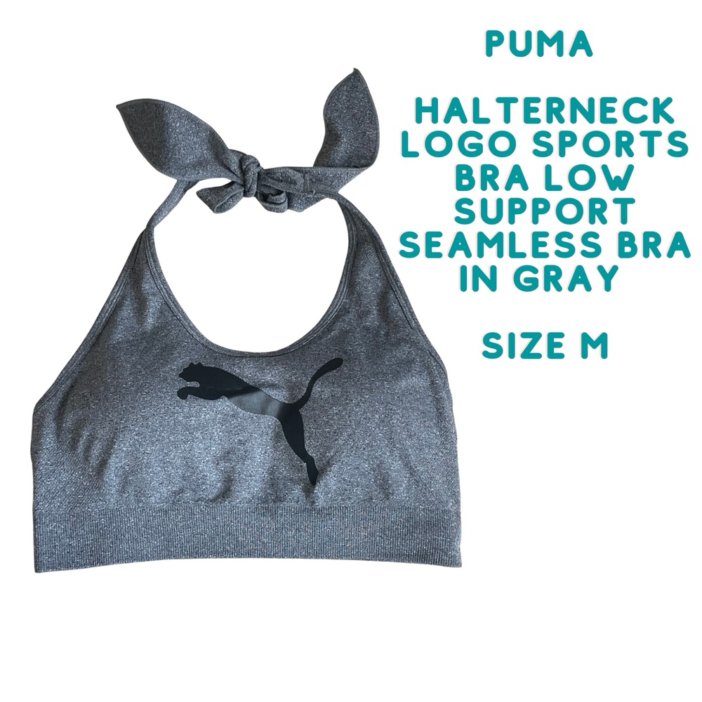 PUMA Women's Halter Logo Sports Bra low support seamless bra in gray size M - Picture 1 of 5